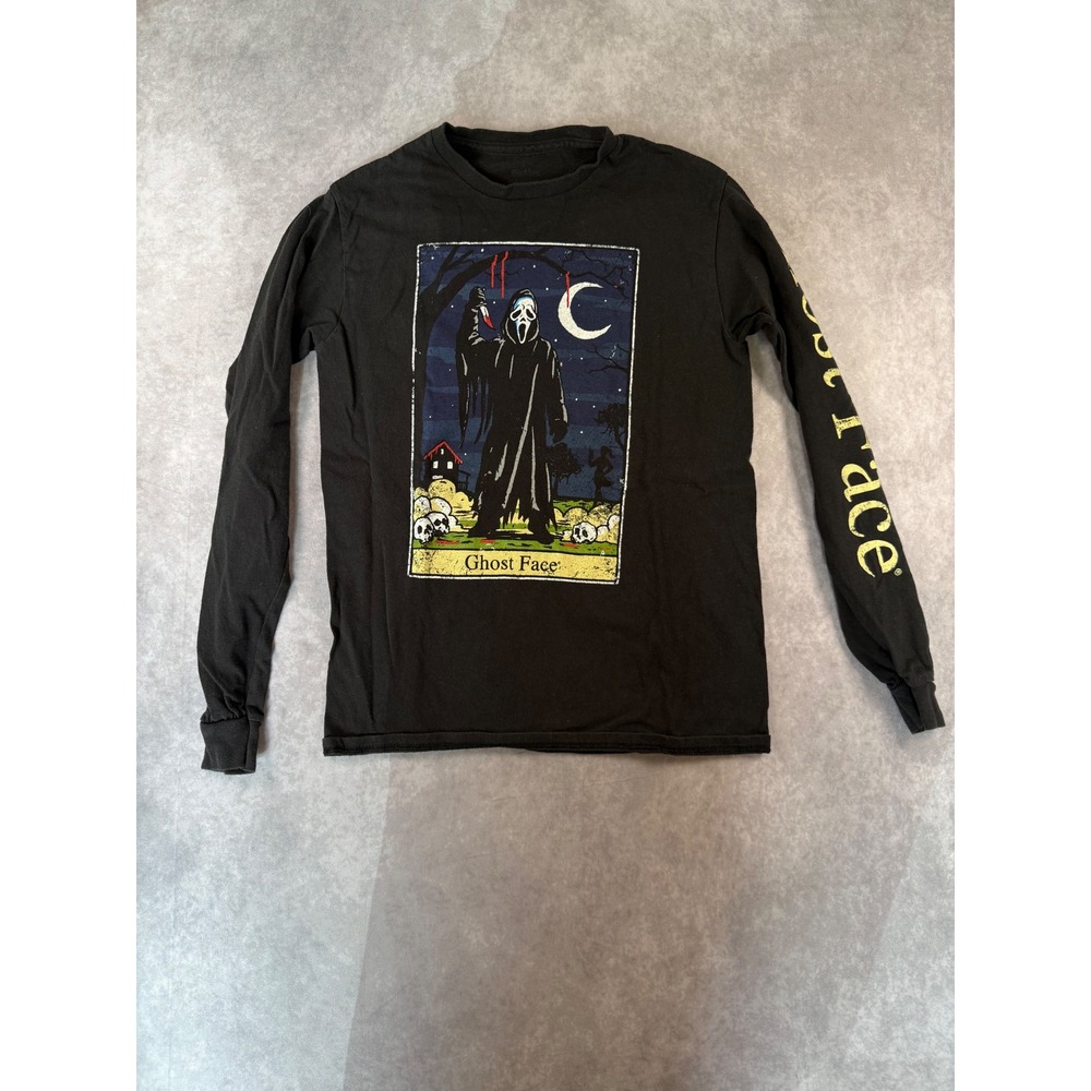Ghost Face Tarot Card Long Sleeve Graphic Tee Horror Movie Scream Black Shirt S